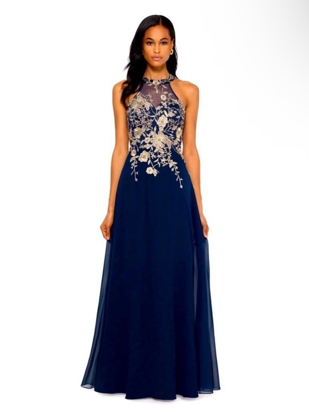 Betsy & Adam Stunning Celeste Navy Embellished Chiffon Illusion Gown 10